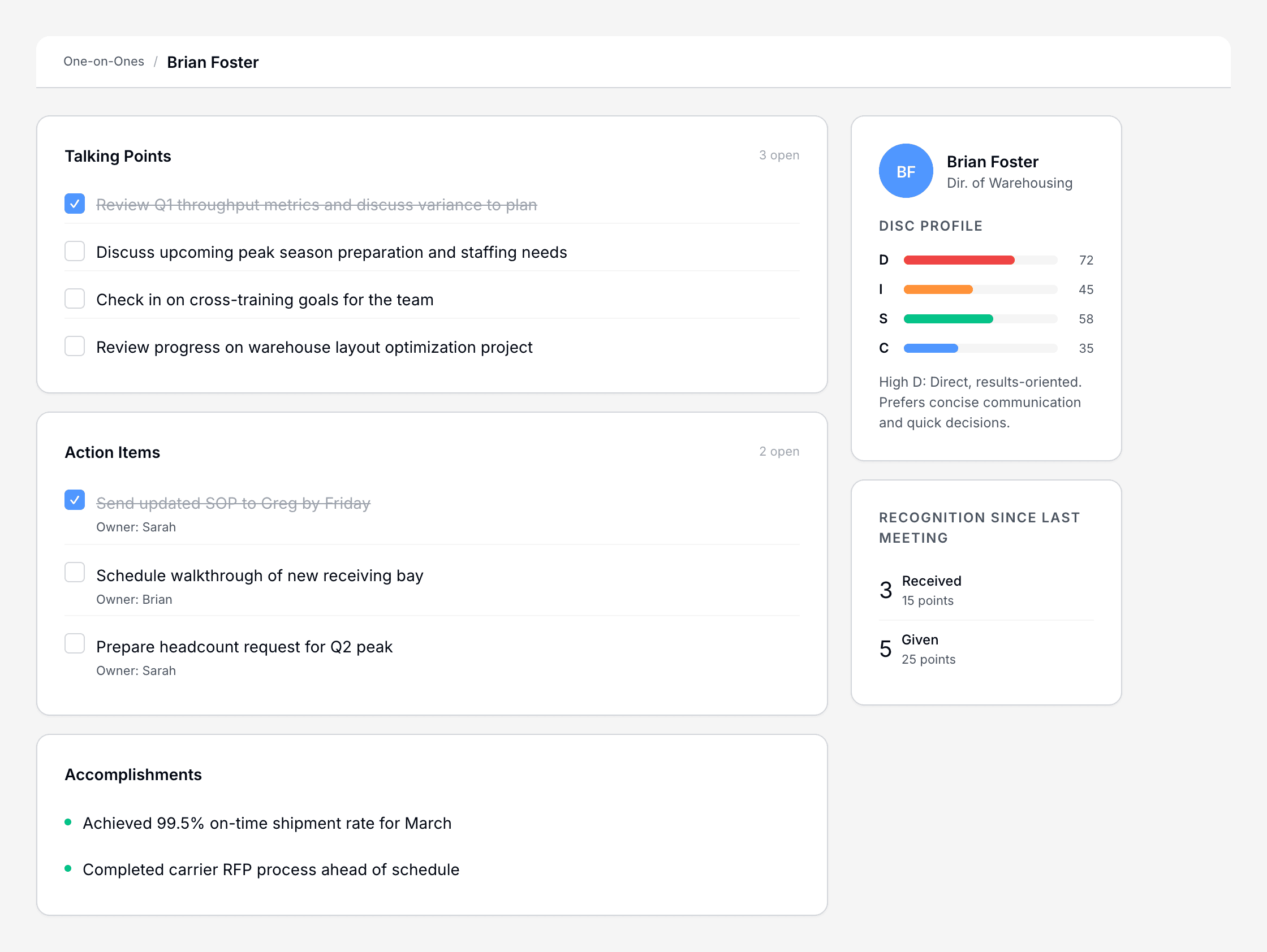 Culture Wheel one-on-one meeting view showing talking points, action items, DISC profile sidebar, and recent recognition